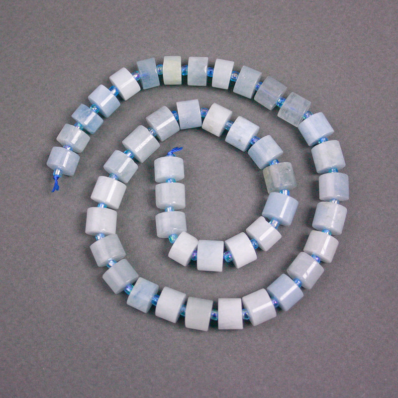Aquamarine Rondelle Beads on Thread, 9x7 mm ±, with Seed Beads, 2 mm ±, Length 40 cm ±