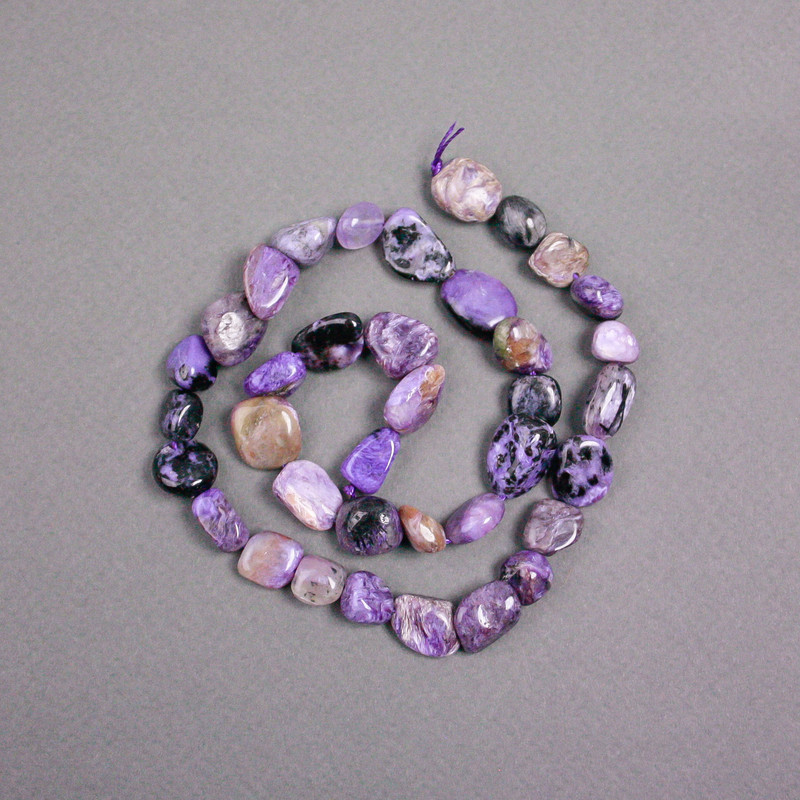 Charoite beads on thread, natural stone, faceted, diameter 13×9 mm ±, length 39 cm ±