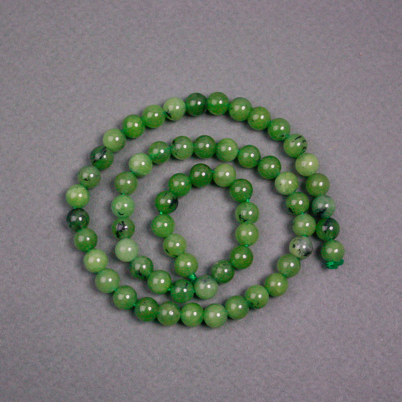 Jadeite Beads on Cord, Canadian Natural Stone, Smooth Round Bead, Diameter 6.5 mm, Length 38 cm