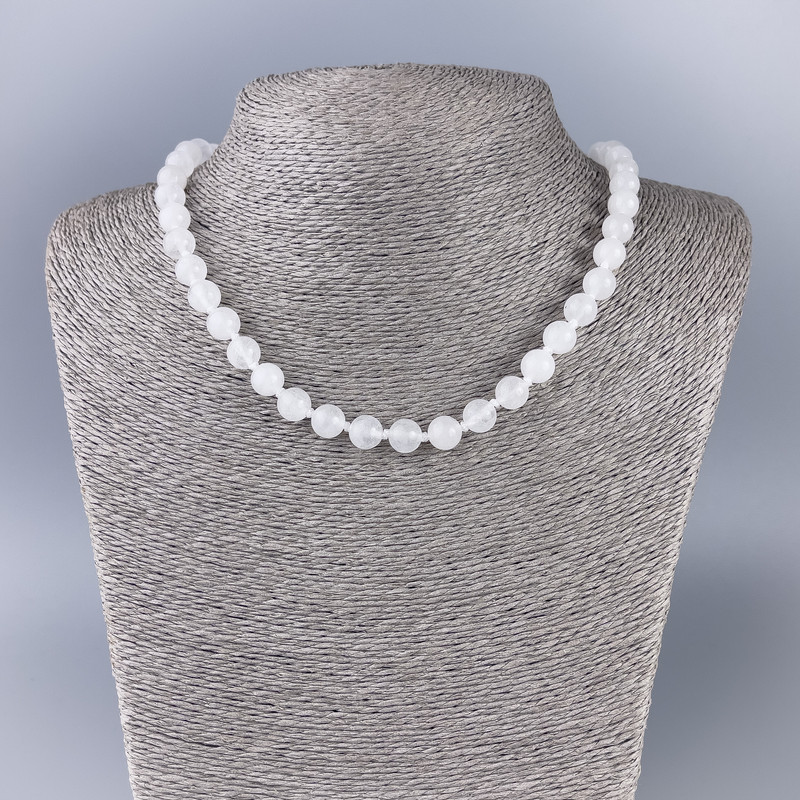 Necklace with White Acrylic Quartz — Smooth Beads, 8.5 mm diameter, 47 cm length