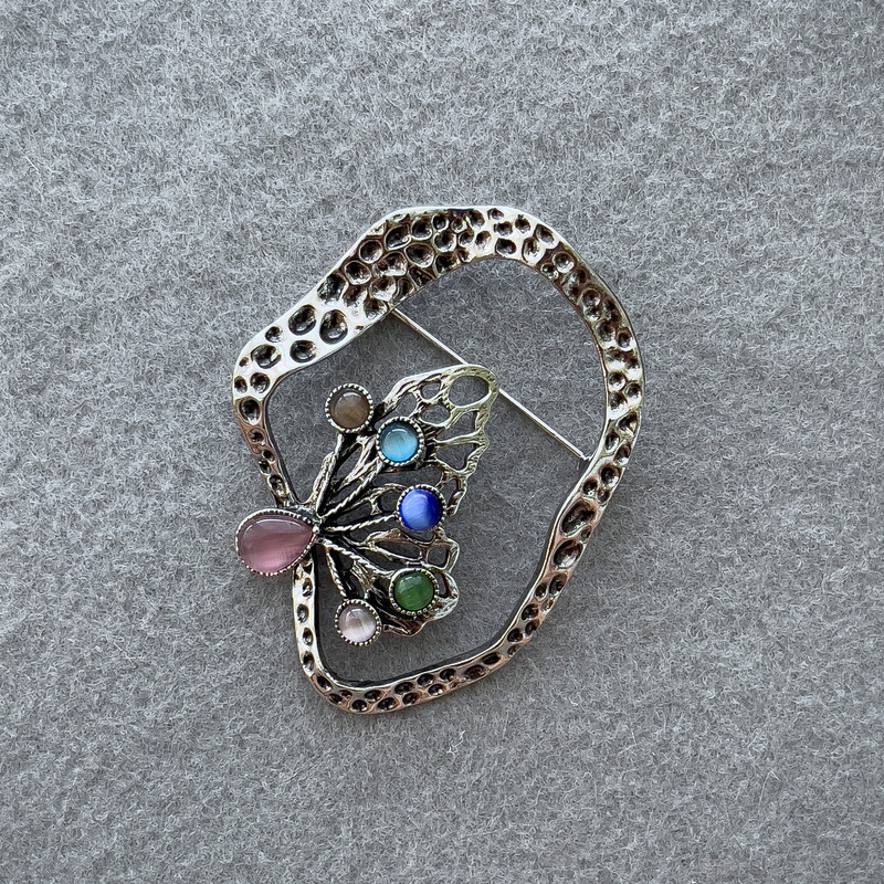 Butterfly Brooch with Multicolored Cat's Eye in Silver Metal 55×43mm+