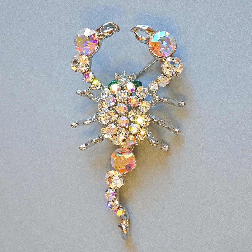 Scorpion Brooch with White and Green Crystals, Silver Metal 70x37mm+