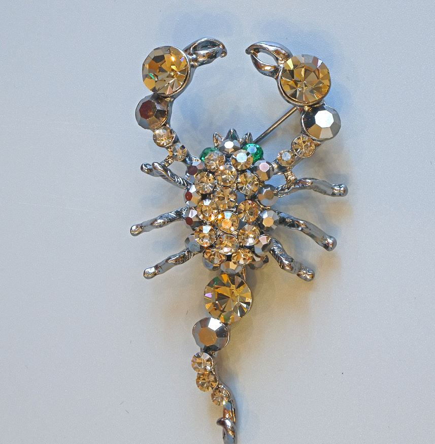 Brooch Scorpion with gray and green rhinestones, dark-silver metal 70×37mm+