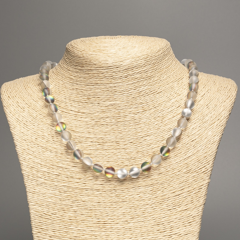 Opal Glass Necklace in Gray Matte Chameleon with Smooth Beads, 8mm Diameter, 49cm Length