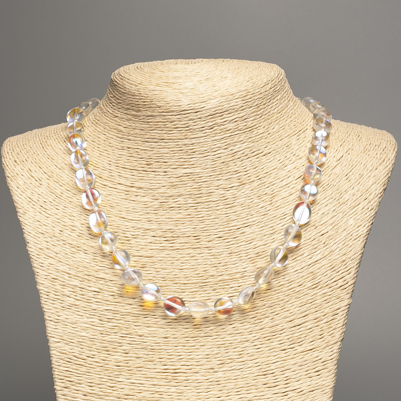 Opal Glass Necklace 'White Chameleon' - faceted beads, diameter 9x11 mm, length 50 cm
