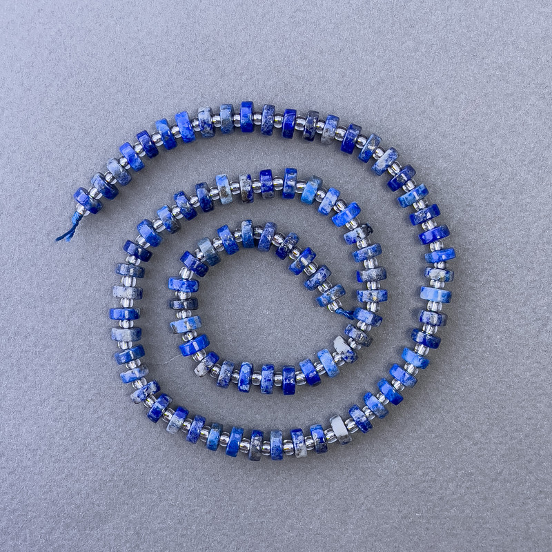 Lazurite Beads, Natural Stone Washer on Thread, 6x2.5 mm, Length 39 cm, with Seed Beads 3x2 mm