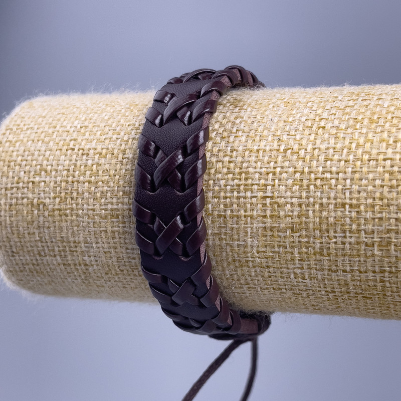 Bracelet, length 18–25 cm, thickness 15 mm, eco-leather, brown color, with adjustable slip knot