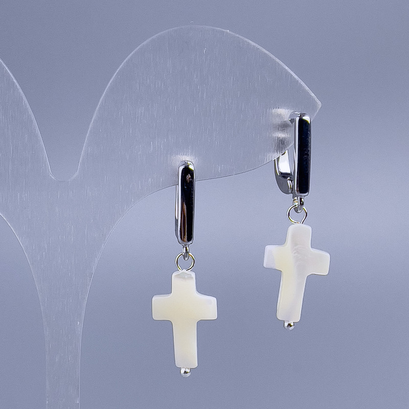White mother-of-pearl cross earrings, diameter 10x15 mm, length 34 mm+