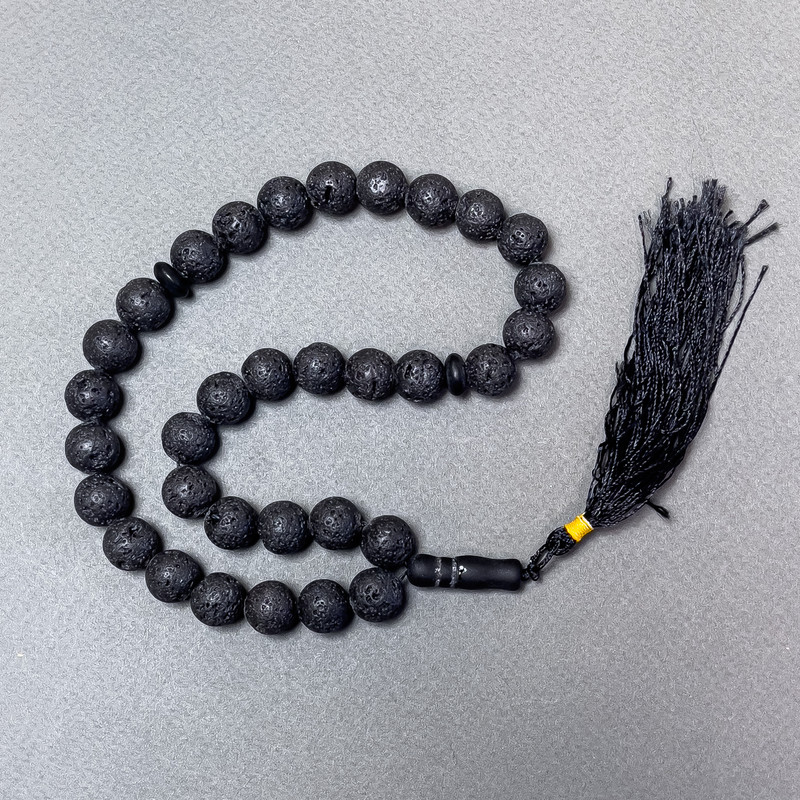 Lava Bead Mala with Natural Stone, Smooth Beads, 12 mm Diameter, 33 Beads, with Shungite Inlays