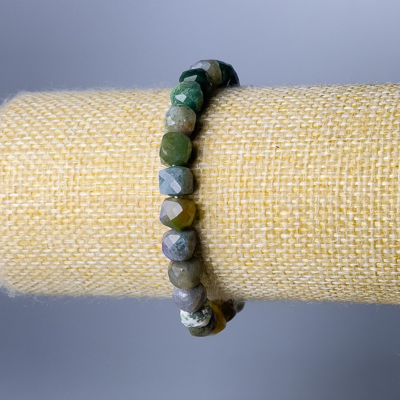 Bracelet with Green Jasper, natural stone, faceted cube beads, 7 mm diameter, 18 cm length (stretch)
