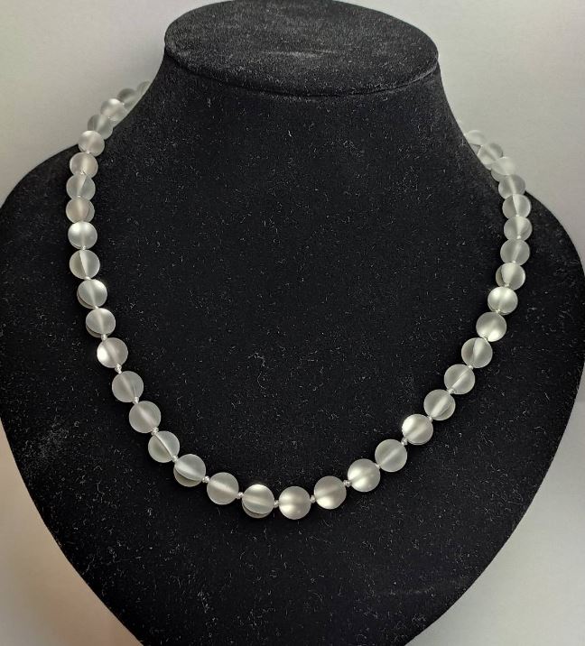 Opal glass necklace, white matte, smooth beads, 8 mm diameter, length 49 cm