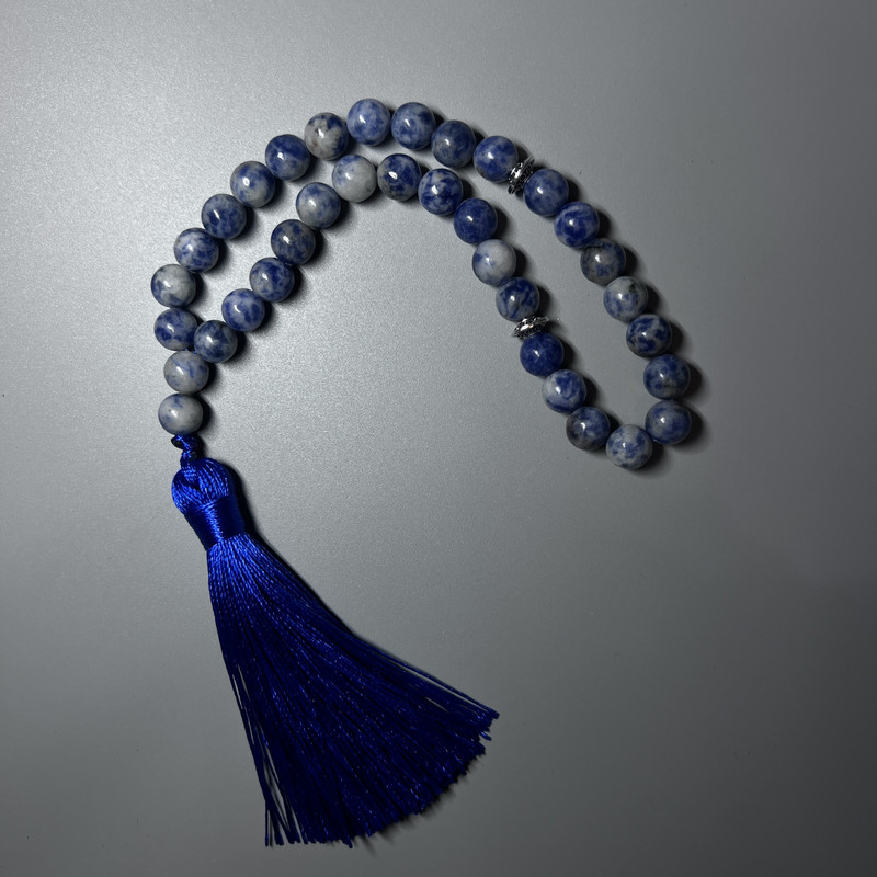 Sodalite Rosary Beads, Natural Stone, Smooth Round Beads, 8.5 mm Diameter, 33 Beads, with Metal Inlays