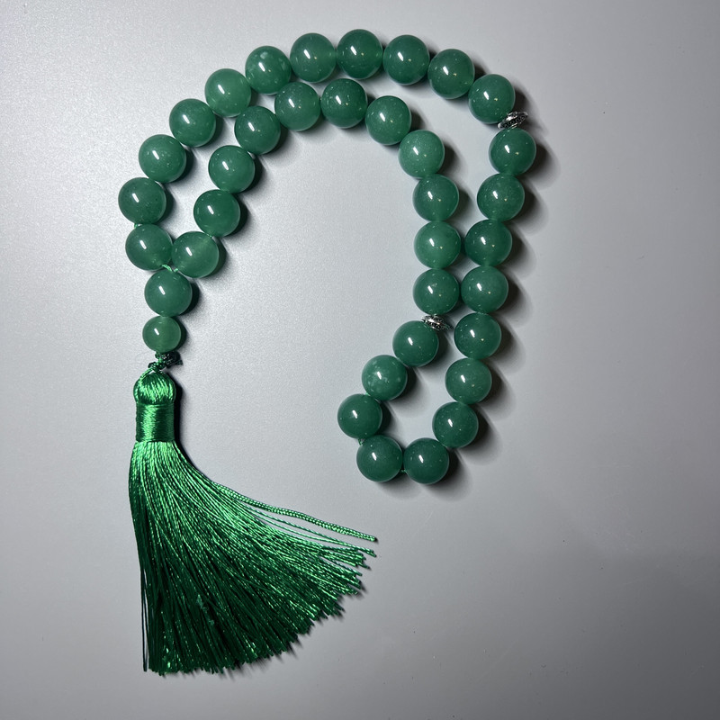Jade prayer beads made of natural stone, smooth beads, 12 mm diameter ±, 33 beads, with metal inserts