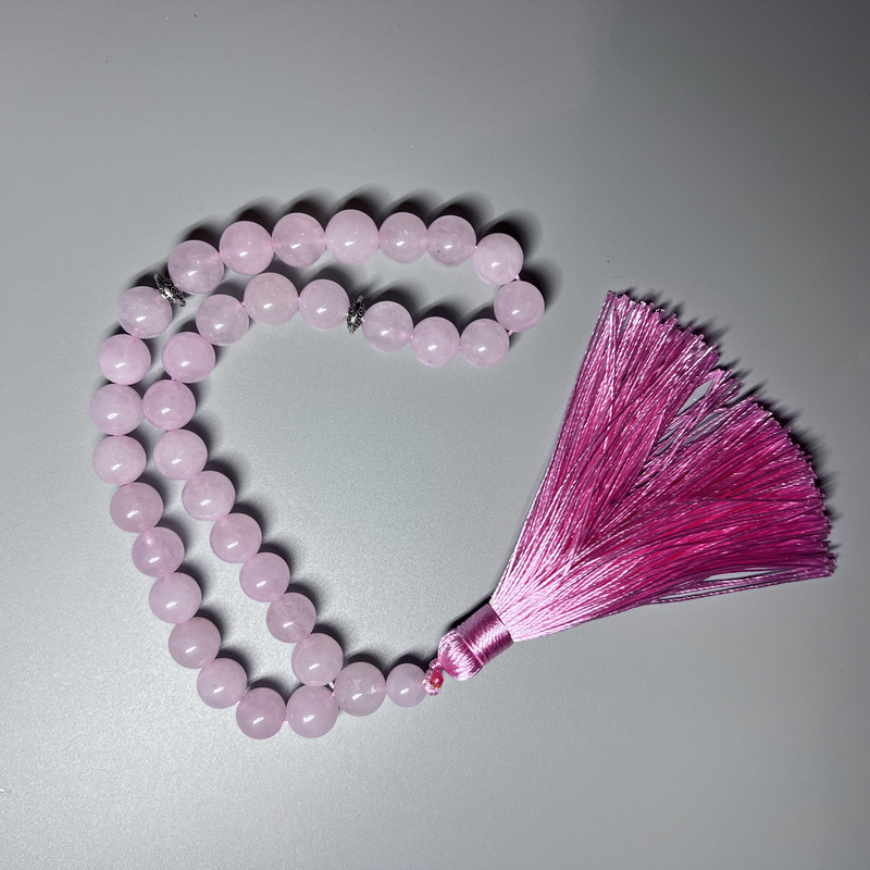 Pink Quartz Prayer Beads, Natural Stone, Smooth Beads, 10 mm Diameter ±, 33 Beads, with Metal Inlays