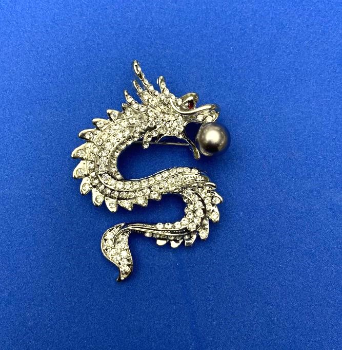 Dragon Brooch in Silver Metal, White Crystals, Gray Bead, 45x64mm