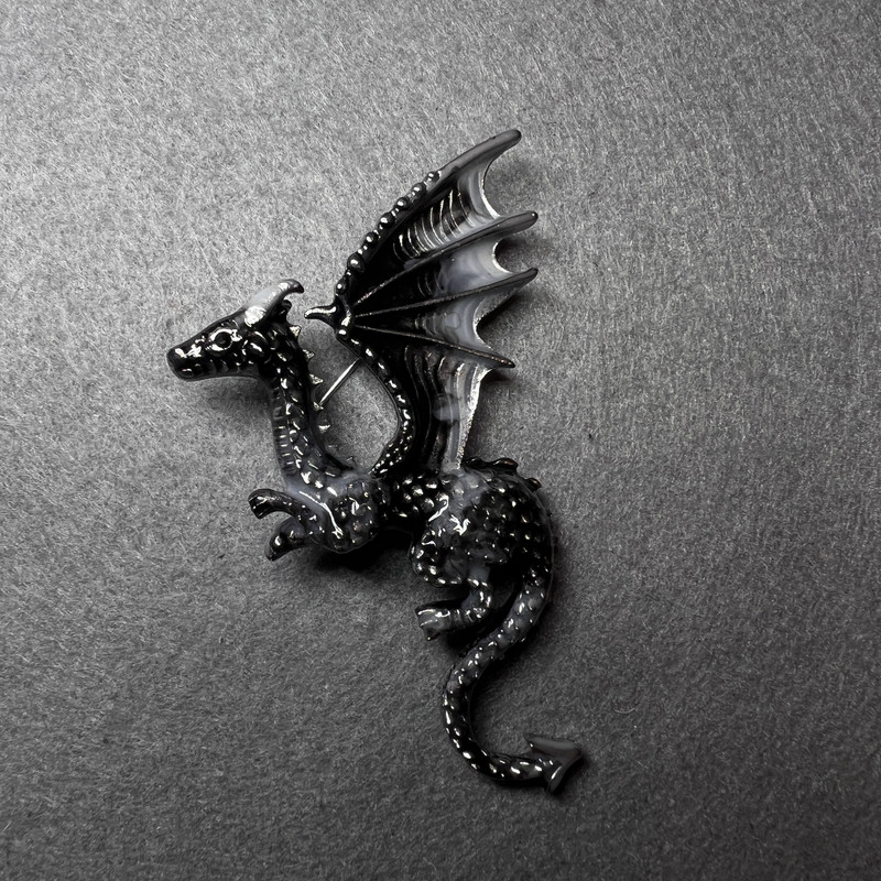 Dragon Brooch, gray and black enamel, silver-tone metal, 42x66 mm