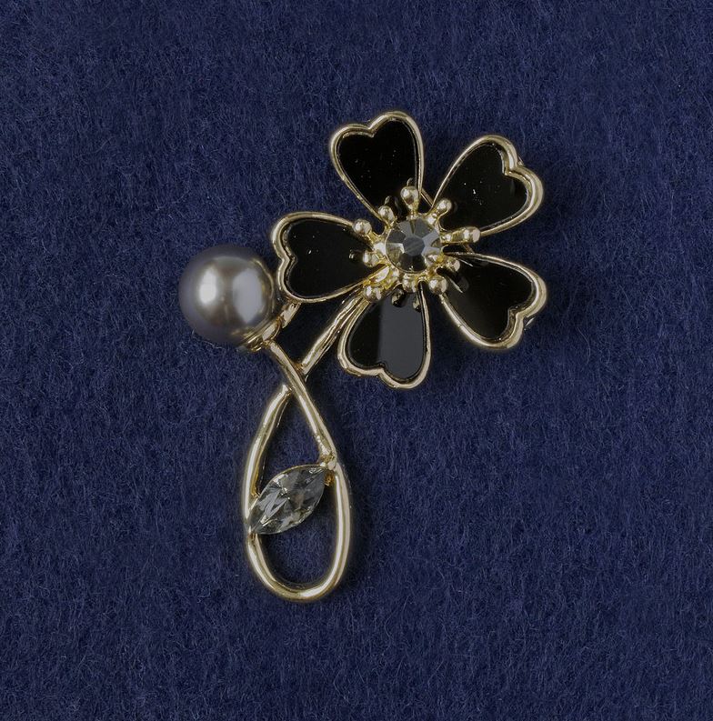 Brooch Flower black mother-of-pearl, crystal, bead, golden metal 33×51 mm