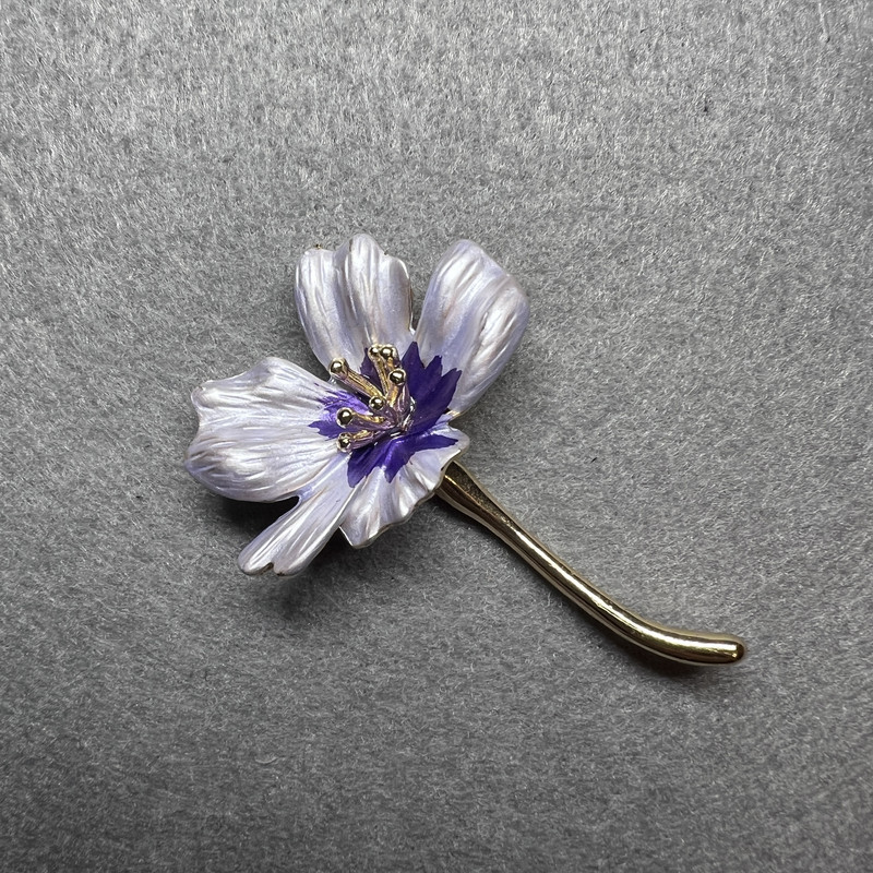 Cosmos Flower Brooch, Blue Enamel, Gold-Tone Metal, 34x52mm