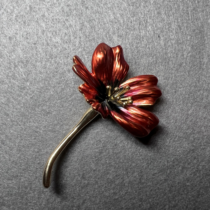 Brooch Cosmea Flower red enamel, golden metal 34×52 mm