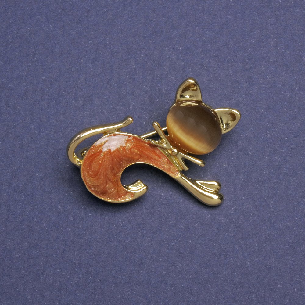 Brooch Kitty brown cat's-eye stone, bronze mother-of-pearl, gold-toned metal 28x23mm