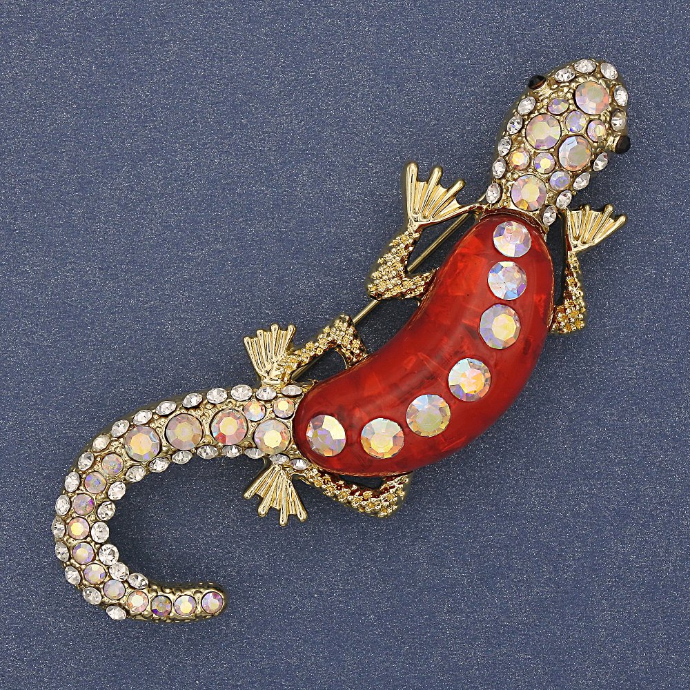 Lizard Brooch with Red Aquamarine Effect, White and Pink Rhinestones, Gold-Tone Metal 24x71mm