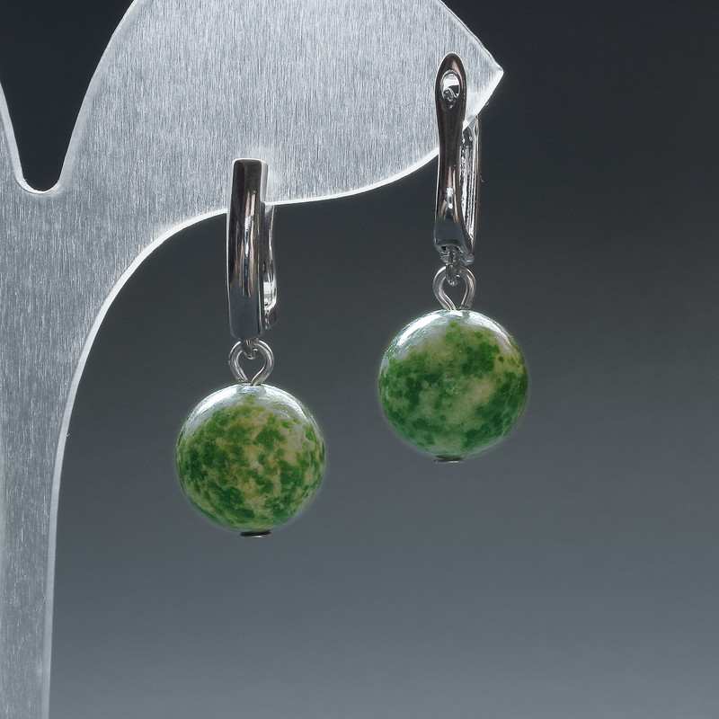Moss Agate Earrings, Smooth Ball, 12.5 mm diameter, English clasp, 33 mm length
