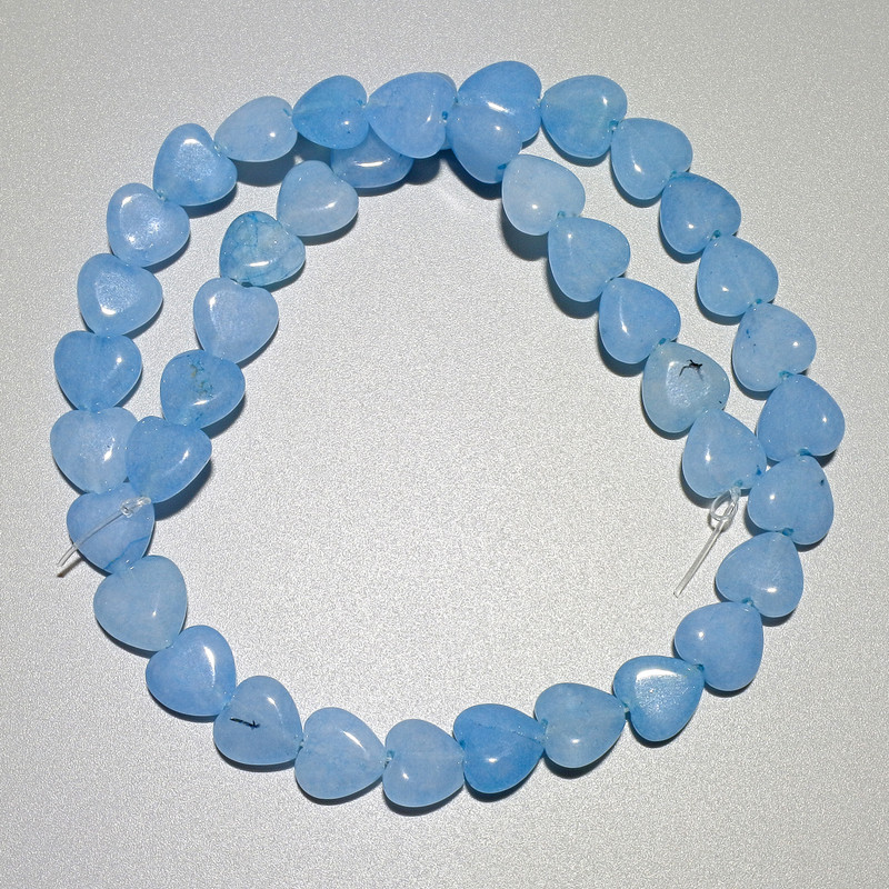 Aquamarine Beads, Heart-Shaped Natural Stone, diameter 10x10x5 mm ±, length 37 cm ± on thread