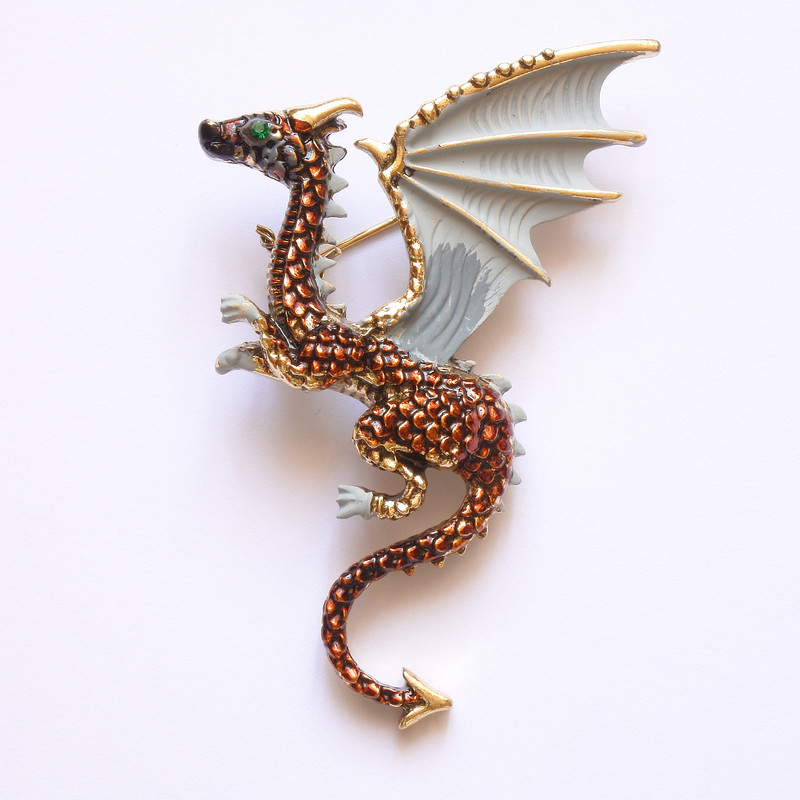 Dragon Brooch Gray and Bronze Enamel on Golden Metal 42×66 mm