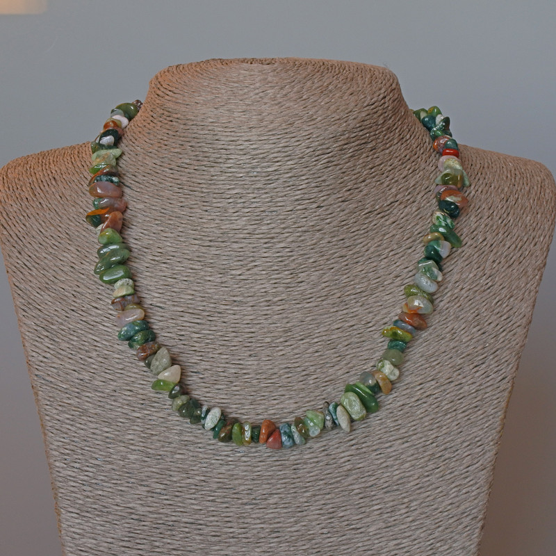 Beaded Necklace of Green Jasper, Natural Stone Chip Beads, 9x4 mm, length 47 cm