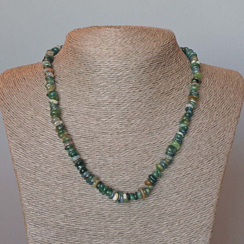 Natural green jasper necklace with faceted beads, 8x3 mm diameter, 48 cm length