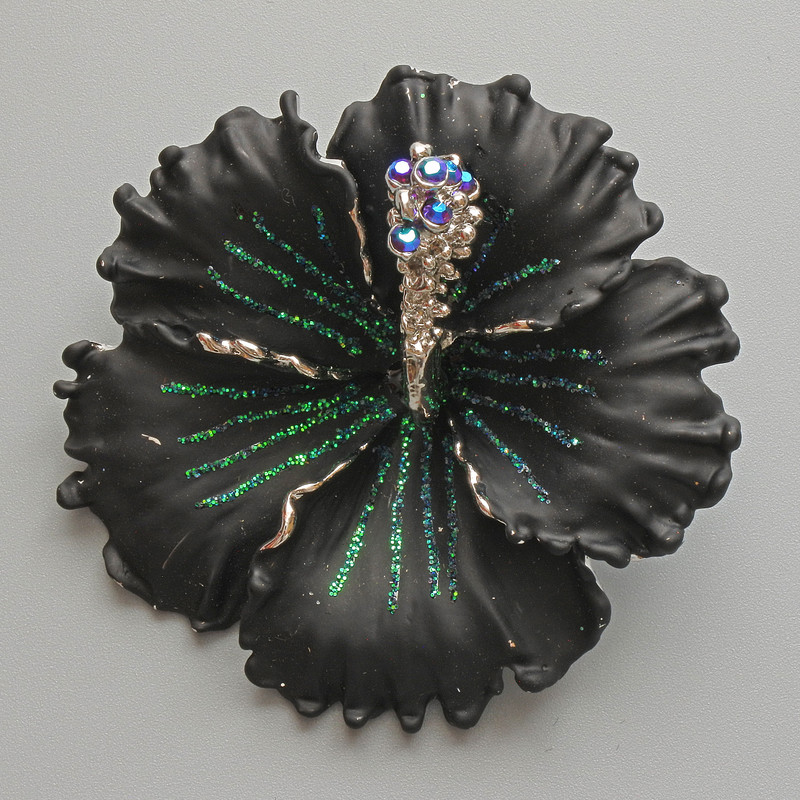 Petunia Flower Brooch-Pendant with Black Matte Enamel, Blue Crystals, Green Glitter, Silver-Tone Metal 51x51mm