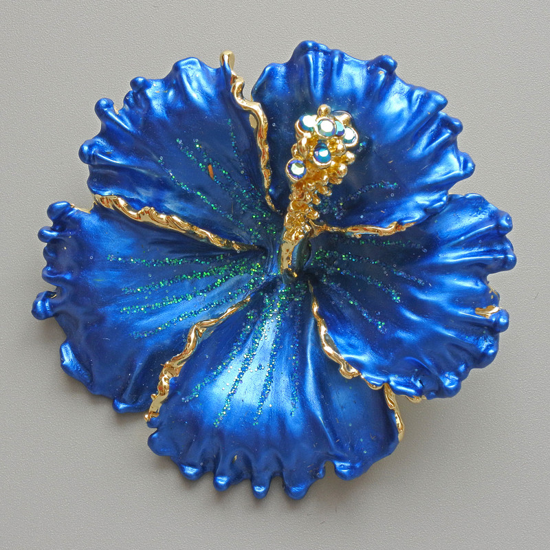 Brooch Pendant Petunia Flower Blue Matte Enamel, Blue Rhinestones, Green Glitter, Gold-Tone Metal 51x51 mm