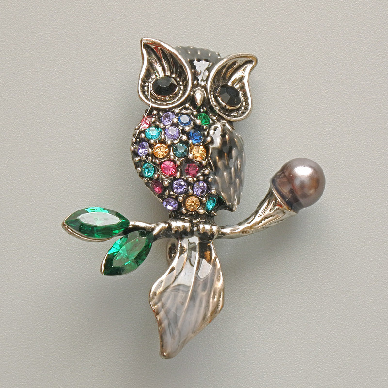 Brooch-pendant 'Owl' in black and gray enamel, multicolored crystals, black bead, silver-tone metal 31x38 mm