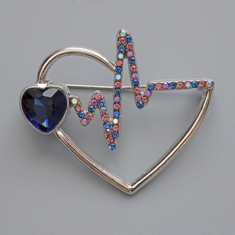 Heart Brooch with Blue Crystal, Multicolored Rhinestones, Silver-Toned Metal 46x40mm