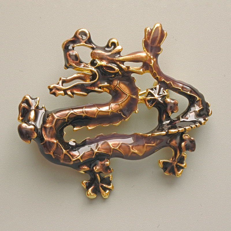 Dragon Brooch-Pendant with brown enamel, gold-tone metal 47x41mm