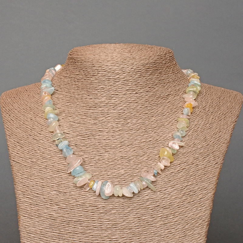 Morganite Necklace with natural stone chips, 9×3 mm, length 48 cm