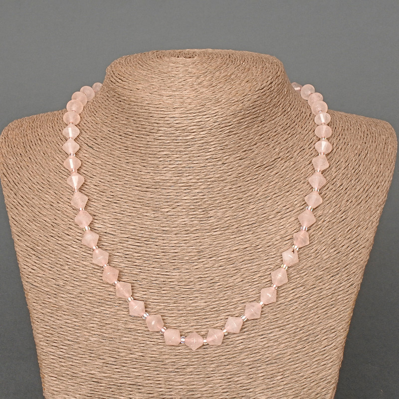 Rose Quartz Necklace with Natural Stone, Faceted Diamond-Shaped Beads, 8x8 mm, Length 49 cm, with Seed Beads