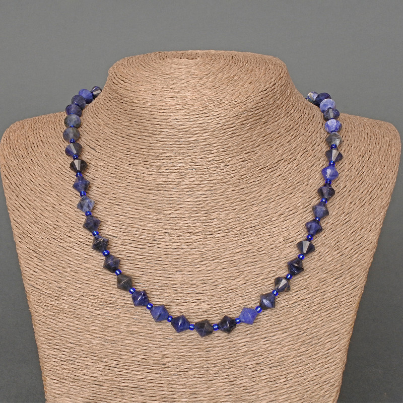 Sodalite Necklace, natural stone, faceted diamond shape, diameter 8.5 × 8.5 mm, length 49 cm, with beads